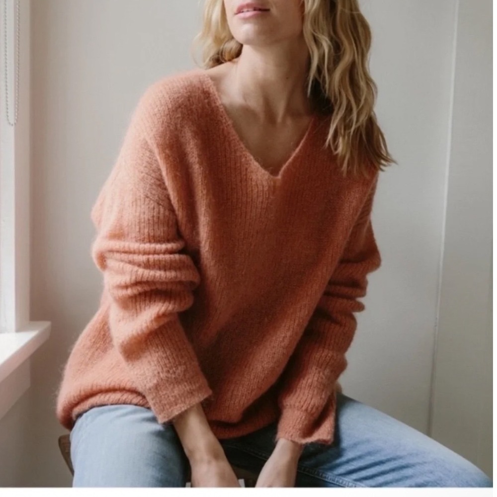 Jenni Kayne Rust pink Mohair Blend V-Neck Oversized Sweater L 477-7353-B21
